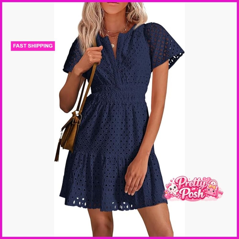 Cotton Hollow Out Lace Short Sleeve V Neck A Line Casual Dress